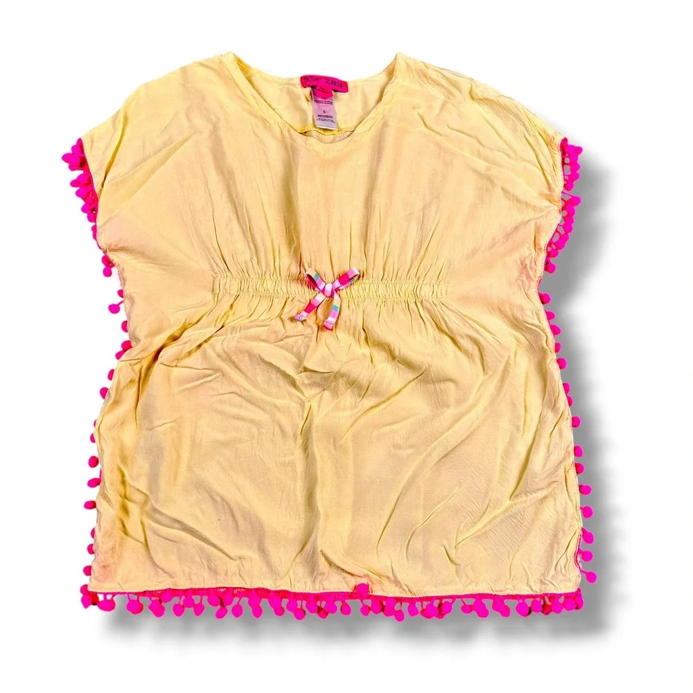 Betsey Johnson Kids Yellow Pom Pom Swim Cover Up Dress Size 6 Rayon Pink Trim‎